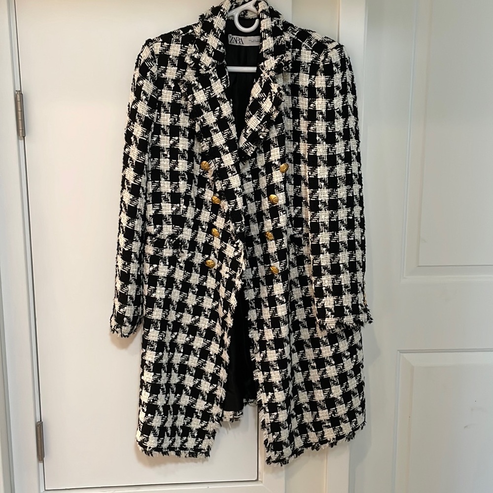 ZARA Large Tweed Houndstooth Double Breasted Coat Size L